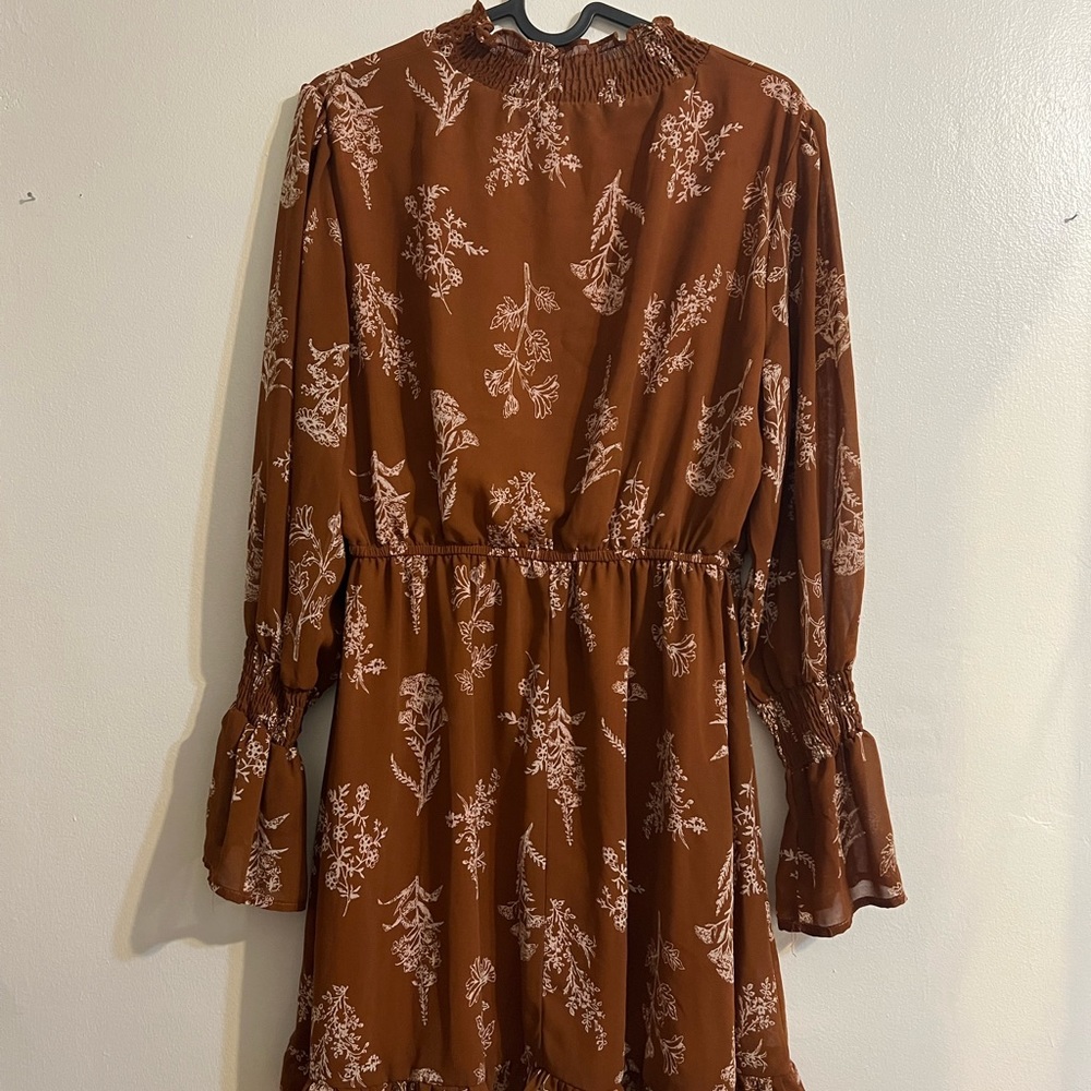 Orange/brown with nude florals fall dress.